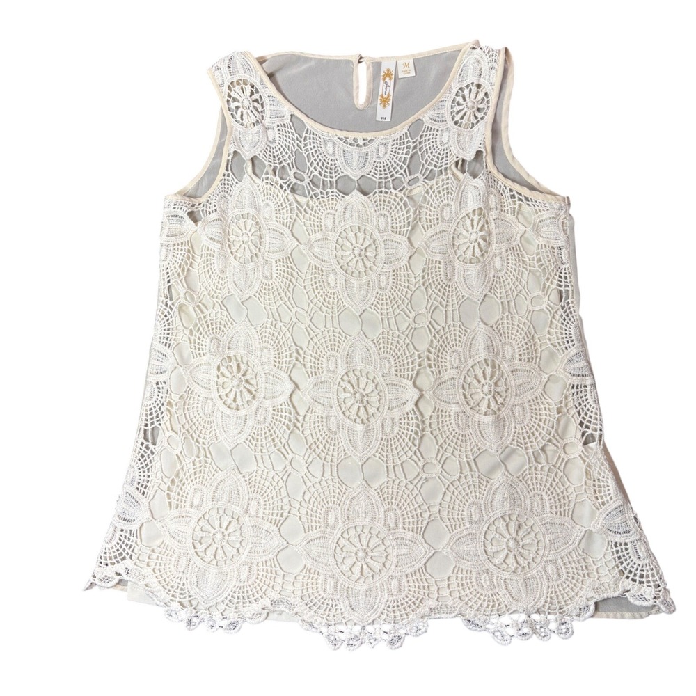 ADiva Women Cream Floral Crochet Sleeveless Shell & Top Camisole Set Medium